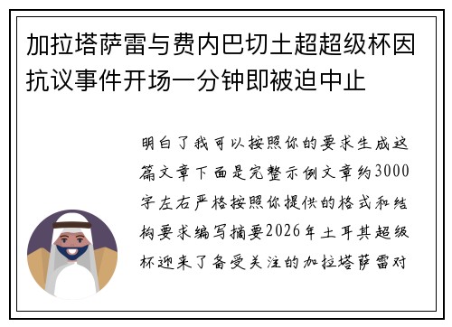 加拉塔萨雷与费内巴切土超超级杯因抗议事件开场一分钟即被迫中止